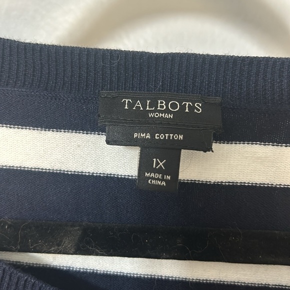 TALBOTS Striped Pima Cotton Charming Cardigan 3/4 Sleeve NWT Navy/White 1X $89 - Picture 2 of 4